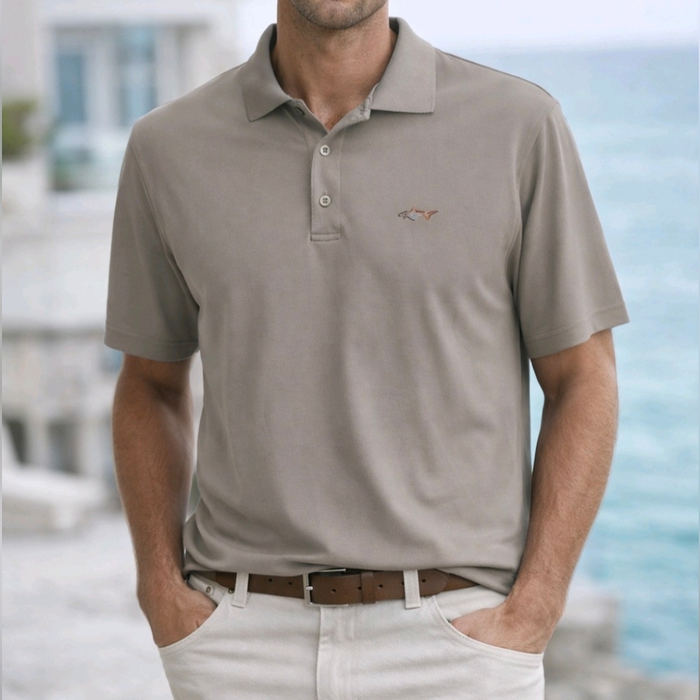 Greg Norman For Tasso Elba Polo Shirt Beige Logo Short Sleeve Size XL